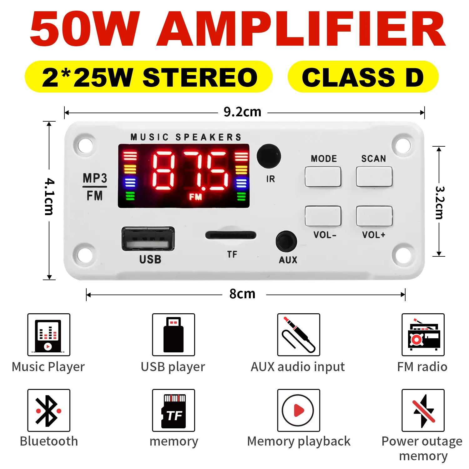 2*25W 50W Amplifier DC 7-18V MP3 Decoder Board Bluetooth 5.0 12V Car MP3 Player USB FM Call Recording Support Folder Switching