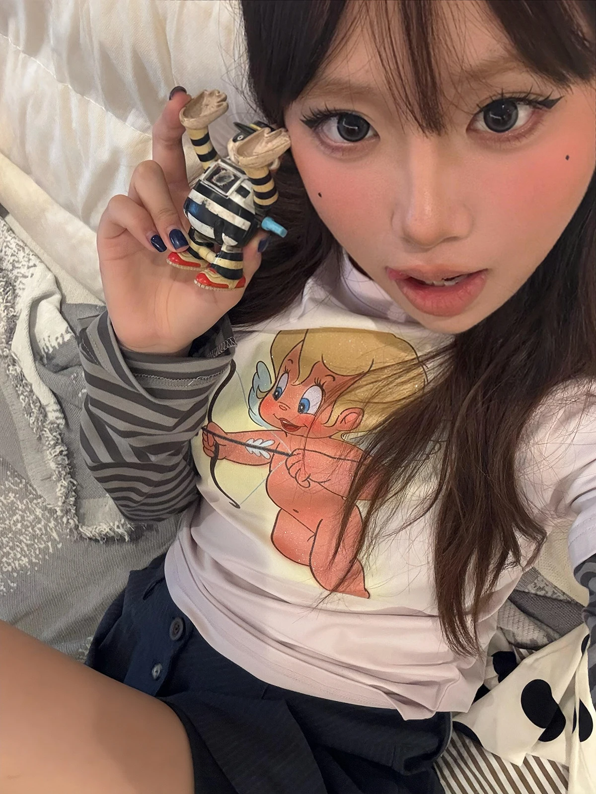 Sakura Print Long Sleeve round Neck T-Shirt Women's Patchwork Striped Fake Two-Piece Fitting Versatile Top Commute Style Kore...