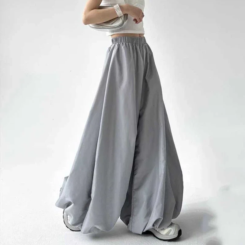 2024 New Vintage Day Bloomers Women Summer Loose Slimming Elastic High Waist Hanging All Casual Ice Silk Wide Leg Trouser Skirt