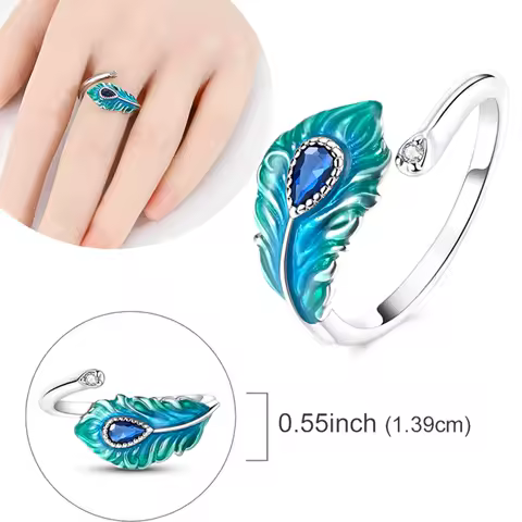 Original 925 Sterling Silver Malachite Green Open Ring Peacock Feather Adjustable Ring For Women Gift
