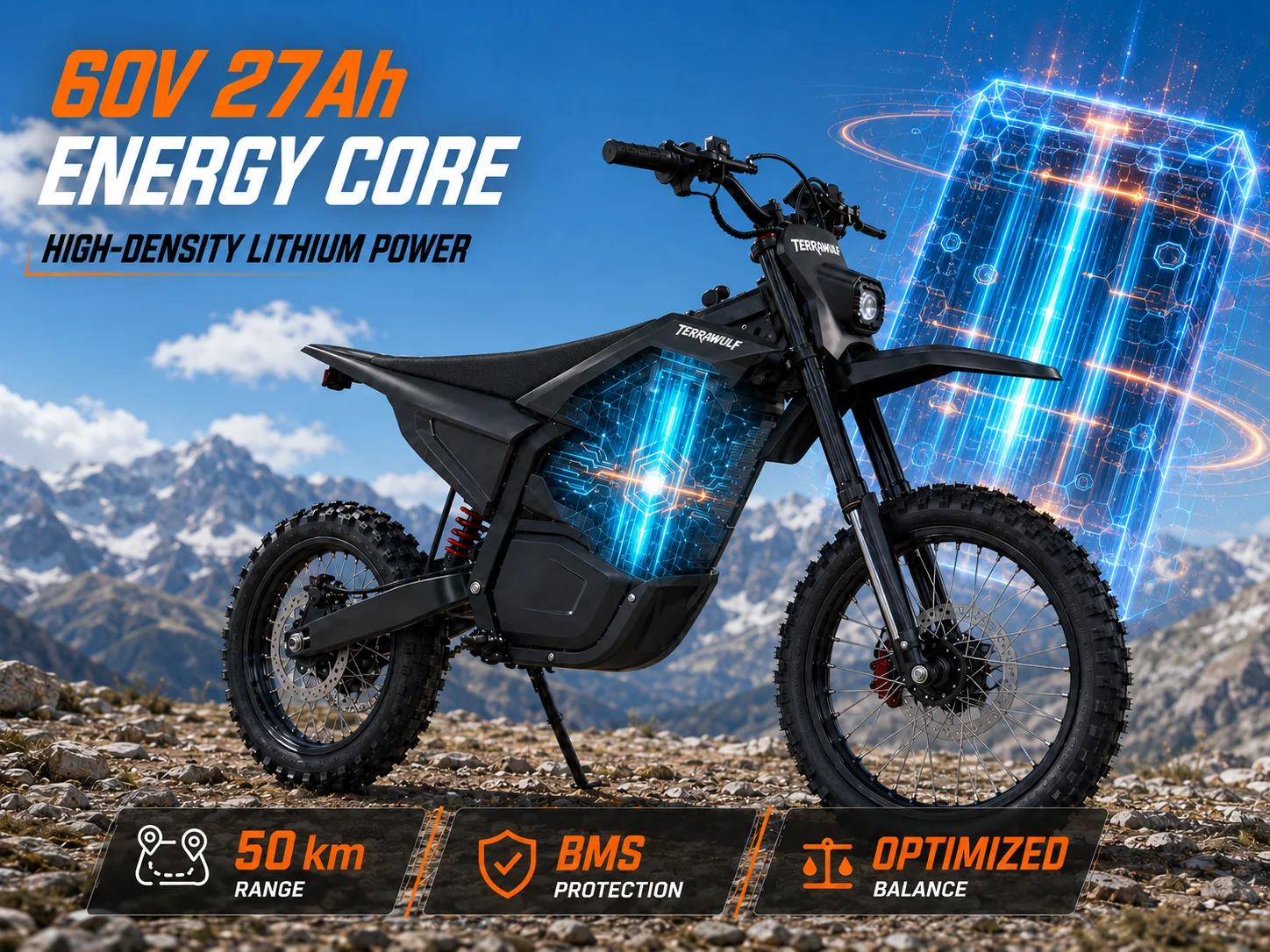 Adult Electric Dirt Bike 5000W Max Output Mid Drive Motor, 60V27Ah Battery Hydraulic Disc Brake All Terrain Off-Road Electric Motorcycle