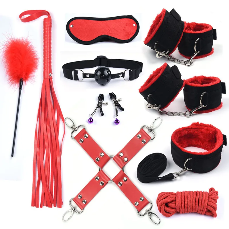 Women's Erotic Nylon Bondage BDSM Kit with Handcuffs Sex Whip Mouth Gag Rabbit Tail Anal Plug for Adult Games