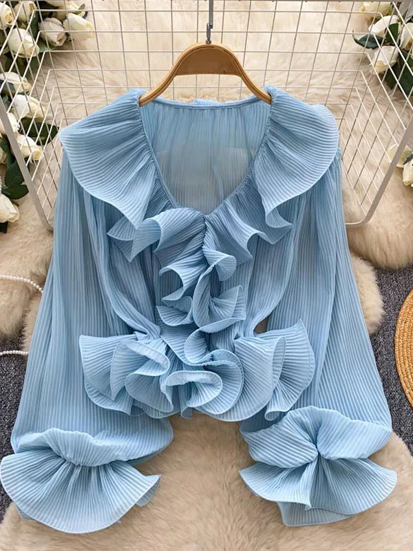 

Elegant V-neck Blue Long Sleeve Blouse Spring 2026 Women's Fashion Commute Style Loose Fit Floral Lace Trim Shirt