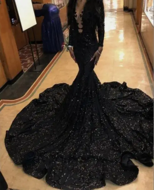 

Black African American Prom Dresses Mermaid Long Sleeves Appliques Lace Black Girls Nigeria Robe De Soiree Evening Dress Gown