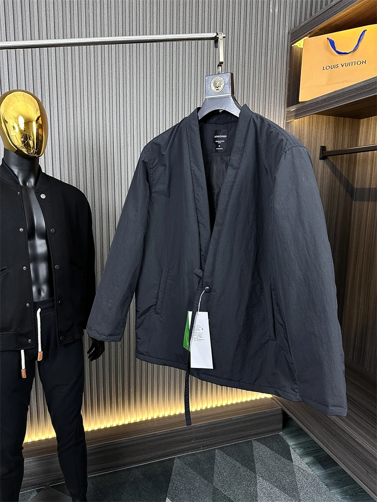 

Men's Pure Color V-Ne Loose Cotton Jaet Faionable Outerwear Warm Thiened Ci Sle Regular Length Oversized Coat