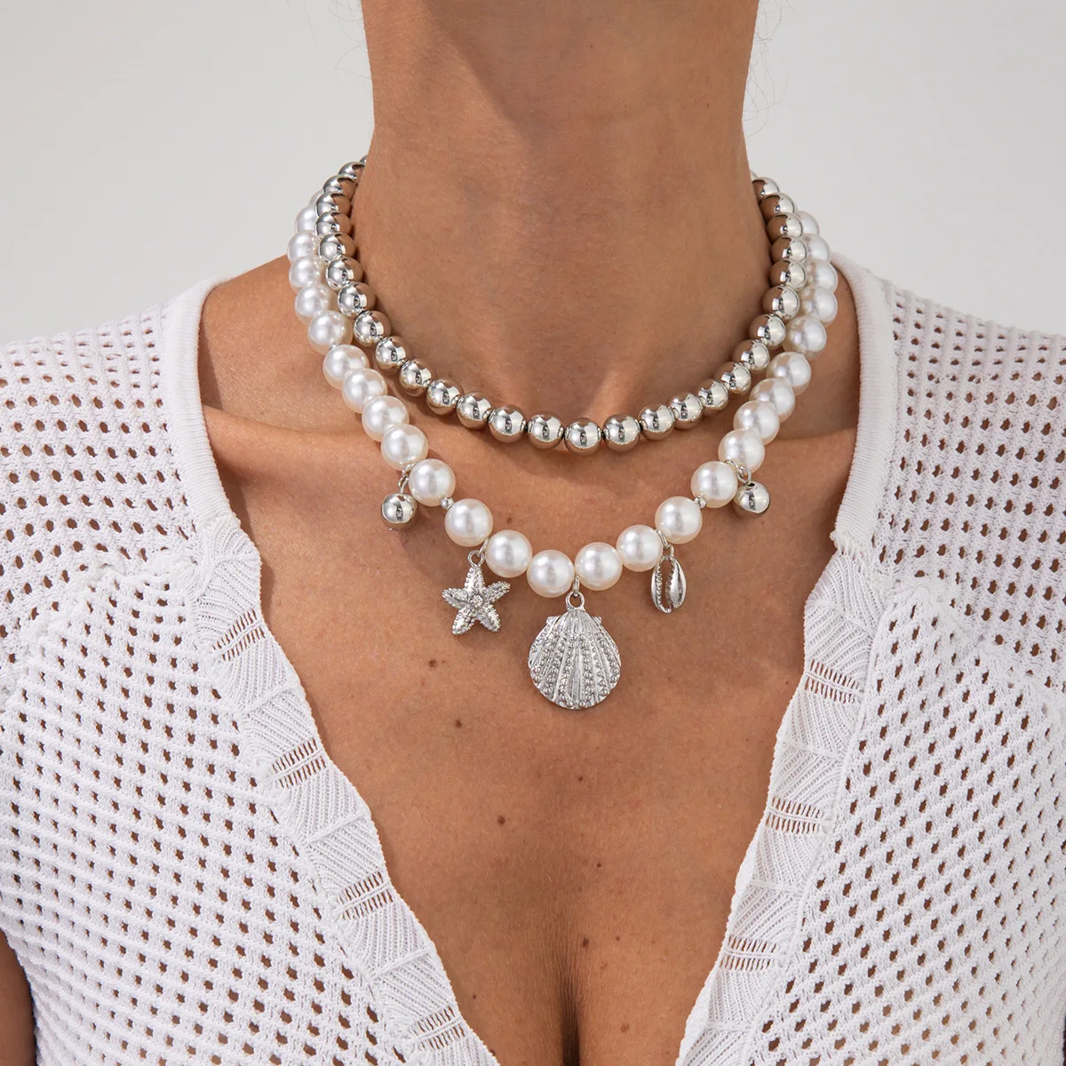 Necklace Starfish Scallop Faux Pearl Beaded Pendant Sturdy Adjustable Gold Chain for Women Beach Vacation Daily Elegant