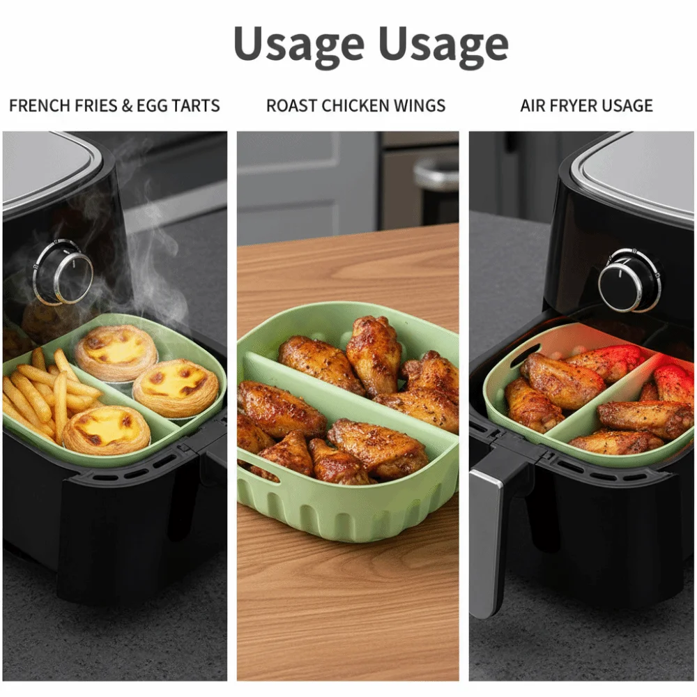 Creative Double Grid Baking Tray Food Grade Flexible Silicone Air Fryer Liner Eco-Friendly Double-Piece Partition