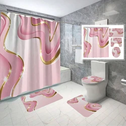 home decoration Gold Wave Shower Curtain Set Including Toilet Seat Cover, U-Shaped Mat, Bath Mat,Bathroom Accessories With Hooks