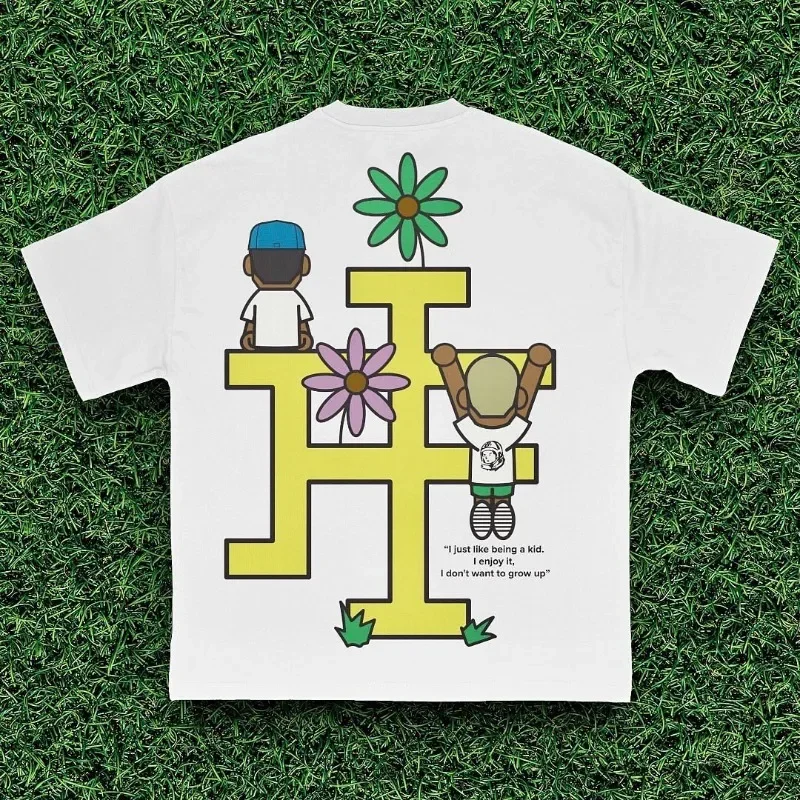 Harajuku matta-Camiseta de manga corta con estampado de letras de dibujos animados, camisa de base suelta informal, marca de moda americana, hip hop, y2k, gótica