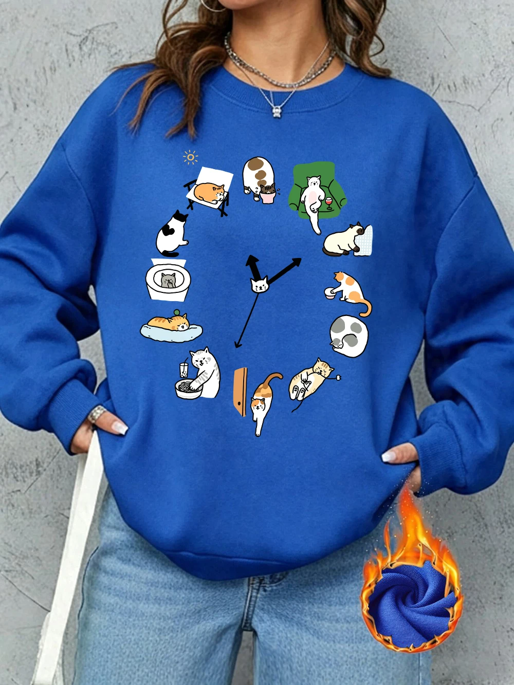 Cute Cat Alarm Clock Prints Sweatshirts Womens Loose Basics Hoodies Fleece Warm Crewneck Clothes Winter Casual Womans Pullover view 2