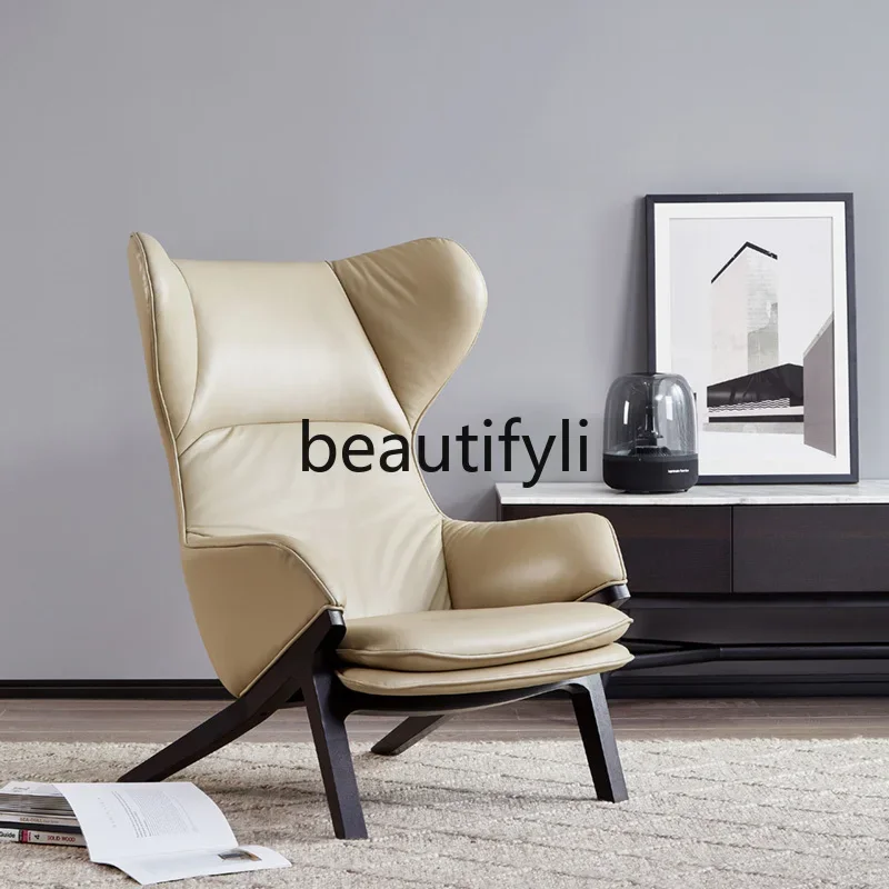 

LXItalian minimalist solid wood casual sofa chair leather designer living room study single chairSSS