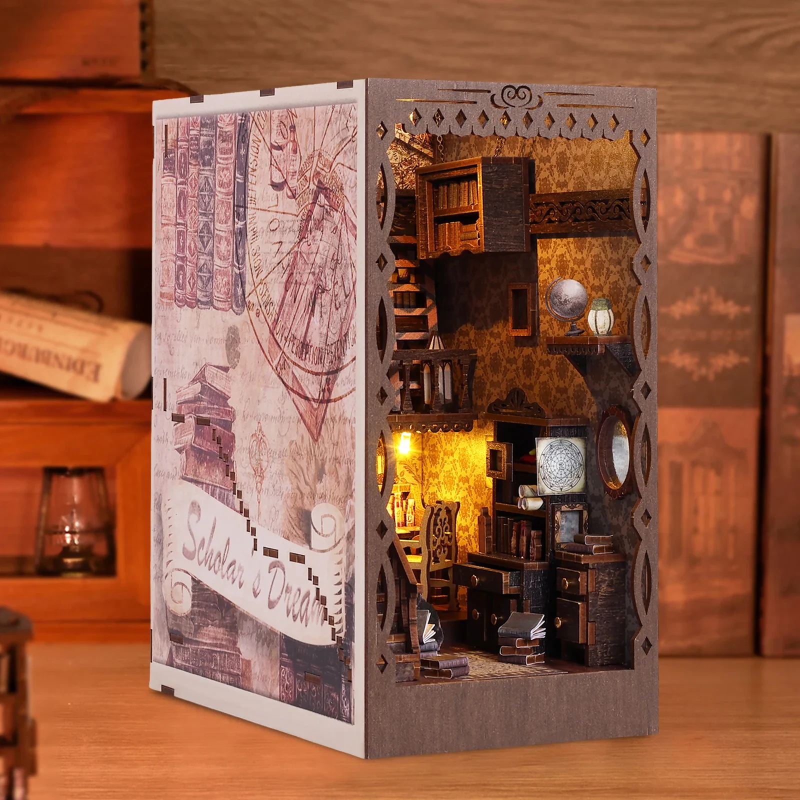 

3D Wooden Puzzle Bookshelf Insert DIY Book Nook Model Kit with LED Light DIY Miniature Dollhouse Model Kit Bookend Building Kits