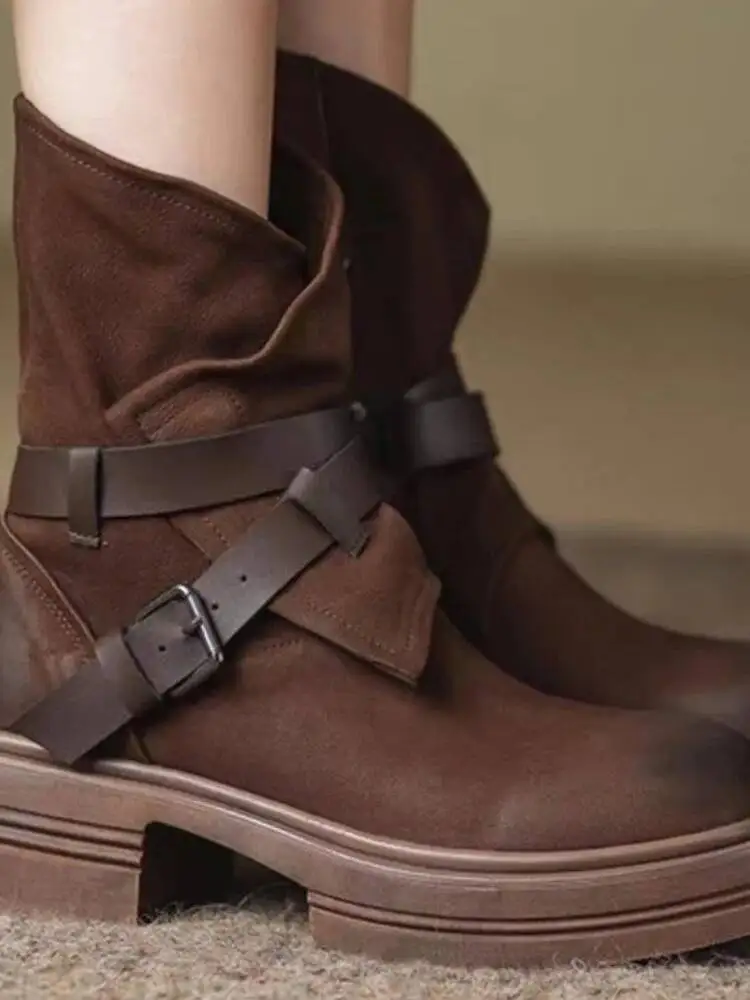 Women Ankle  Boots 2025 Autumn Winter Women's Maillard Boots Mid Calf Western Cowboy Retro Ankle Boots Side Zipper Western Boots