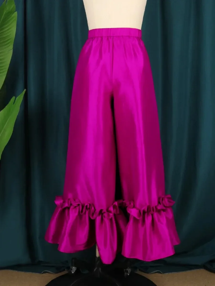 Fuchsia-Hose mit hoher Taille, glänzend, ausgestellt, plissiert, weites Bein, trendige lange Caprihose, Damen-Cocktail-Party-Hose mit Besatz, große Größe