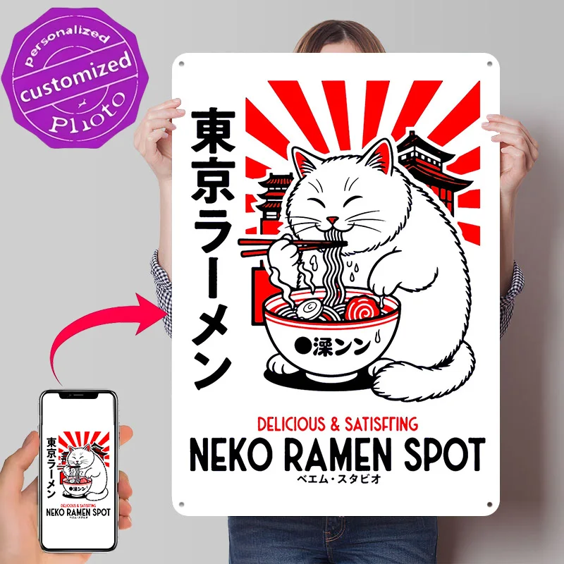 Cat Eating Ramen 3D Texture Printed Poster Custom Vintage Metal Tin Plate Sign for Wall Art Office Decor Living Room Decoration