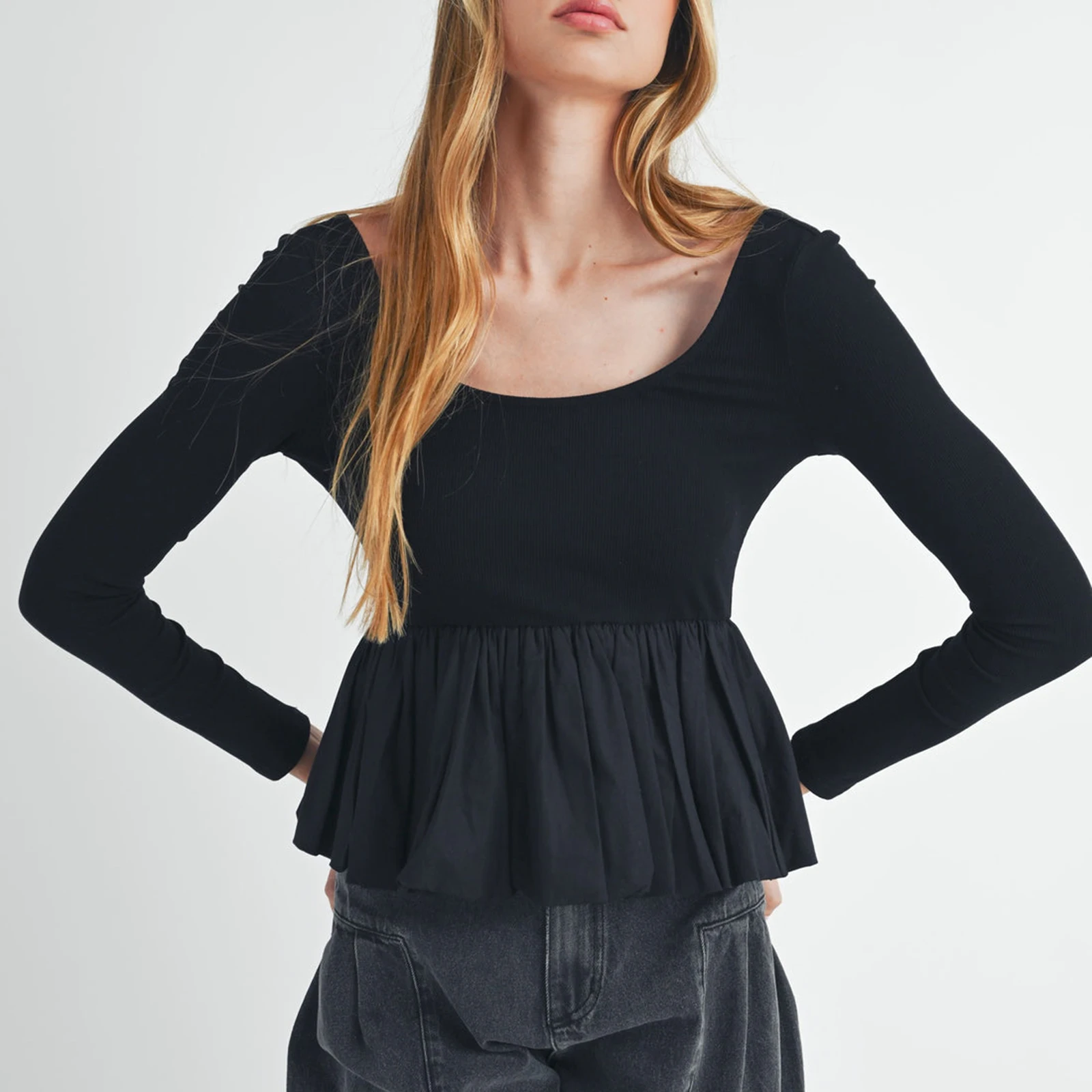 Vrouwen Peplum Tops met lange mouwen Casual effen kleur Verstoorde zoom Basic shirtblouses voor Club Streetwear Esthetische kleding