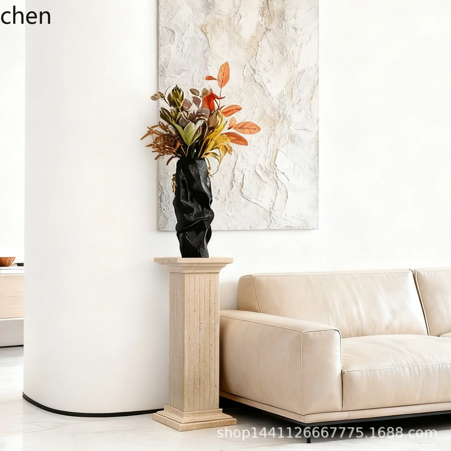 Natural Yellow Travertine Retro Roman Column Display Stand Living Room Sculpture Decoration Floor Sculpture Base