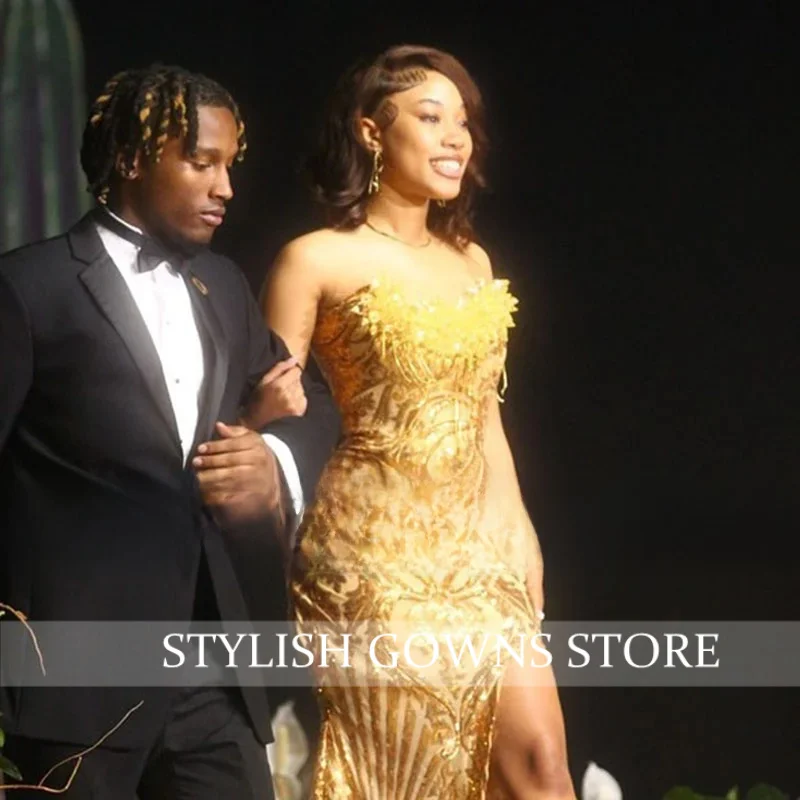 Gouden galajurken Luxe 2025, strapless zeemeermin-avondjurken, luxe kralen gelegenheidsfeestjurk op maat