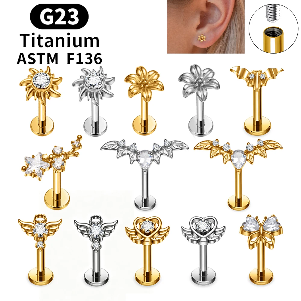 ASTM F136 Titan 16G Blumen-Knorpel-Ohrstecker mit CZ, Fledermaus-Sonne, flache Rückseite, Lippen-, Helix-, Tragus-, Conch-, Ohrläppchen-Piercing-Schmuck