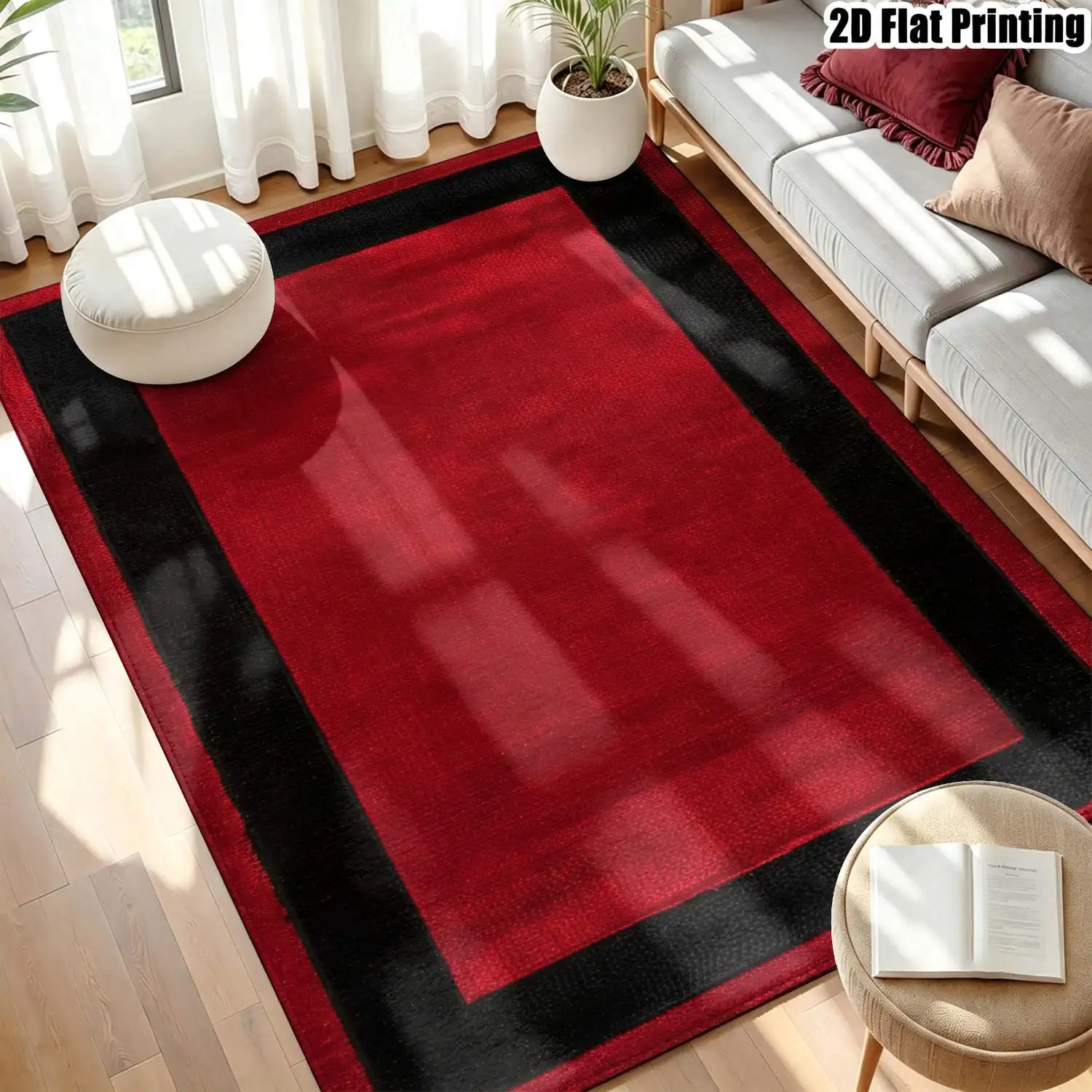 1Pc 2D Printed Carpet: Red Black Geometric Border, Nordic Modern Minimalist Style, Machine Washable, Multi-Size, Home Decor Mat for Entrance, Dining, Bedroom, Living Room