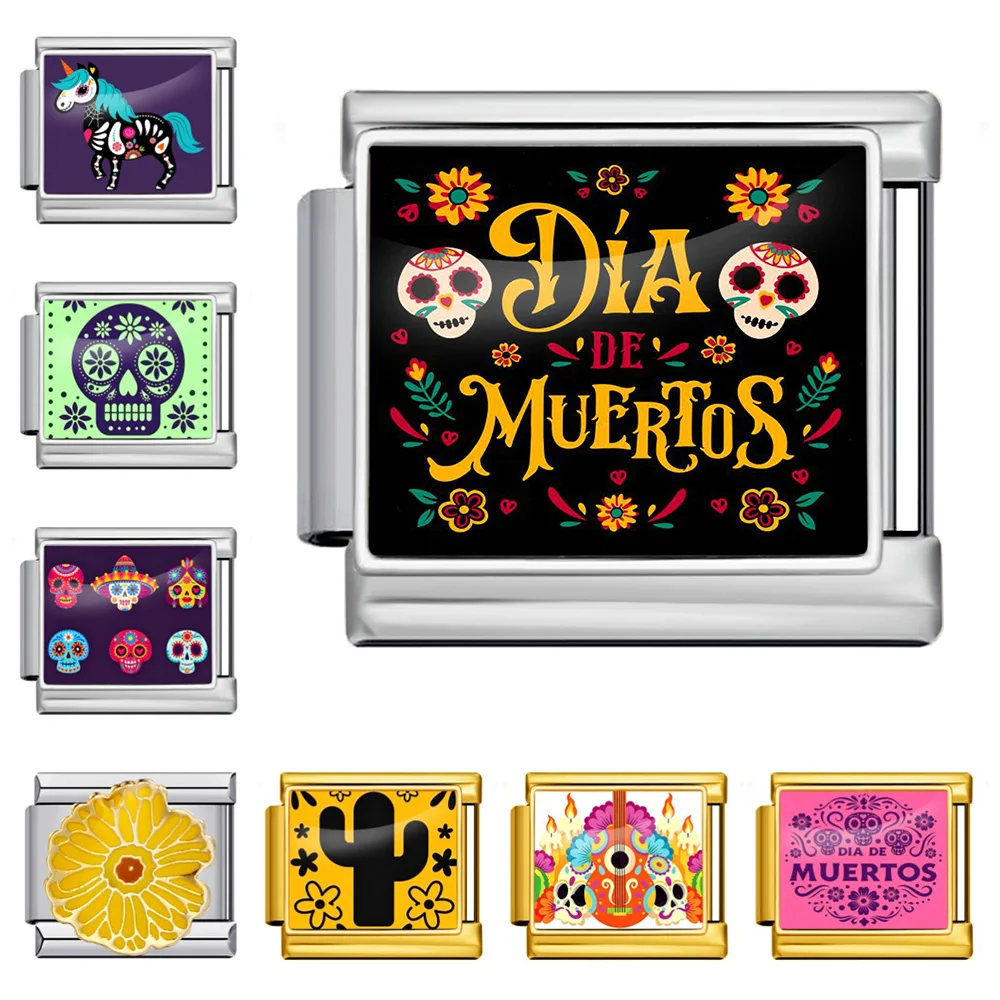 Mexikanisches Dia De Los Muertos Zuckerschädel-Armband aus italienischem Edelstahl, 9mm Glieder, Anhänger für Halloween, Tag der Toten, Schmuckherstellung – Detail 1
