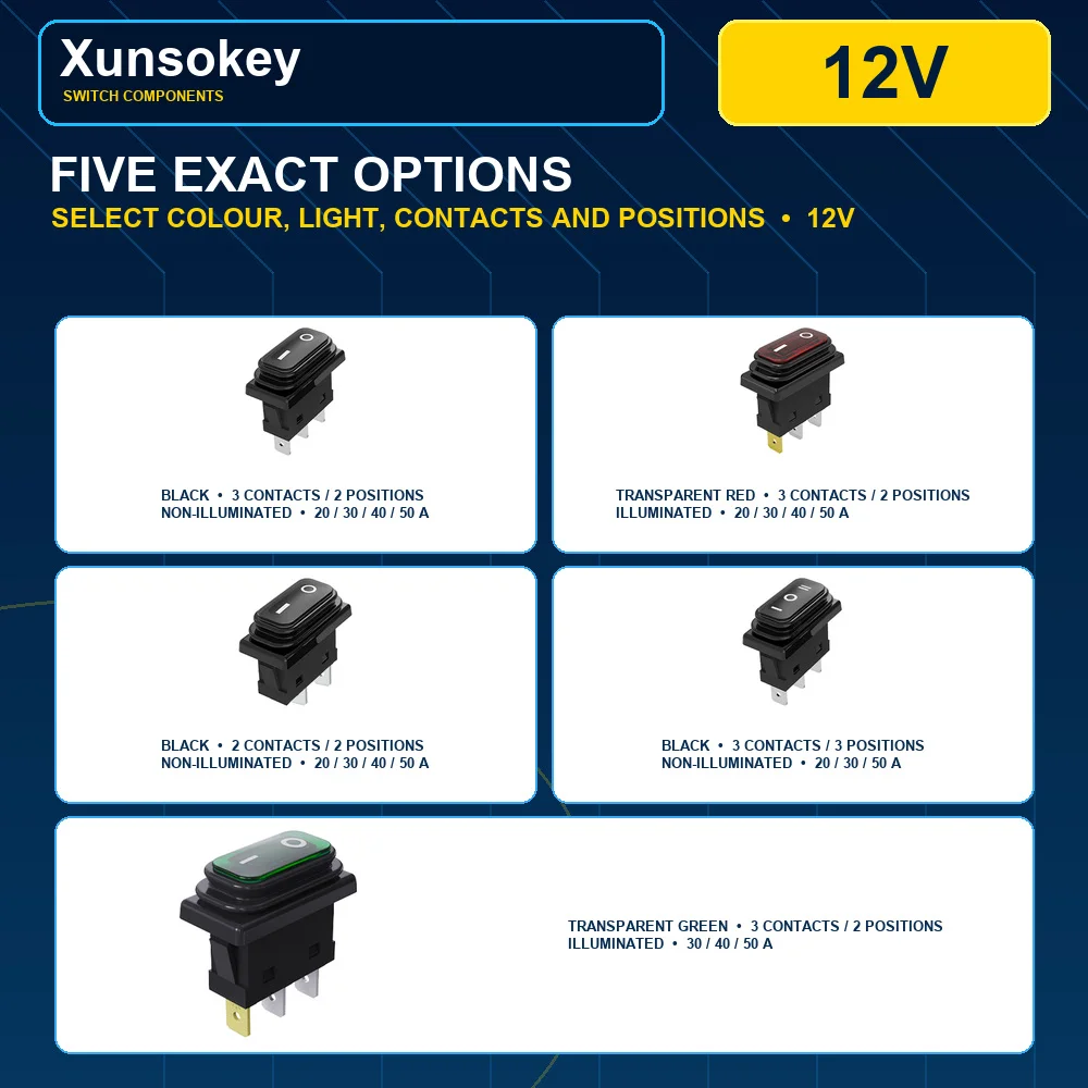 DC 12V  KCD 30A Waterproof Rocker Switch, 2‑Pin 3‑Pin Illuminated Mini Boat‑type Power Button