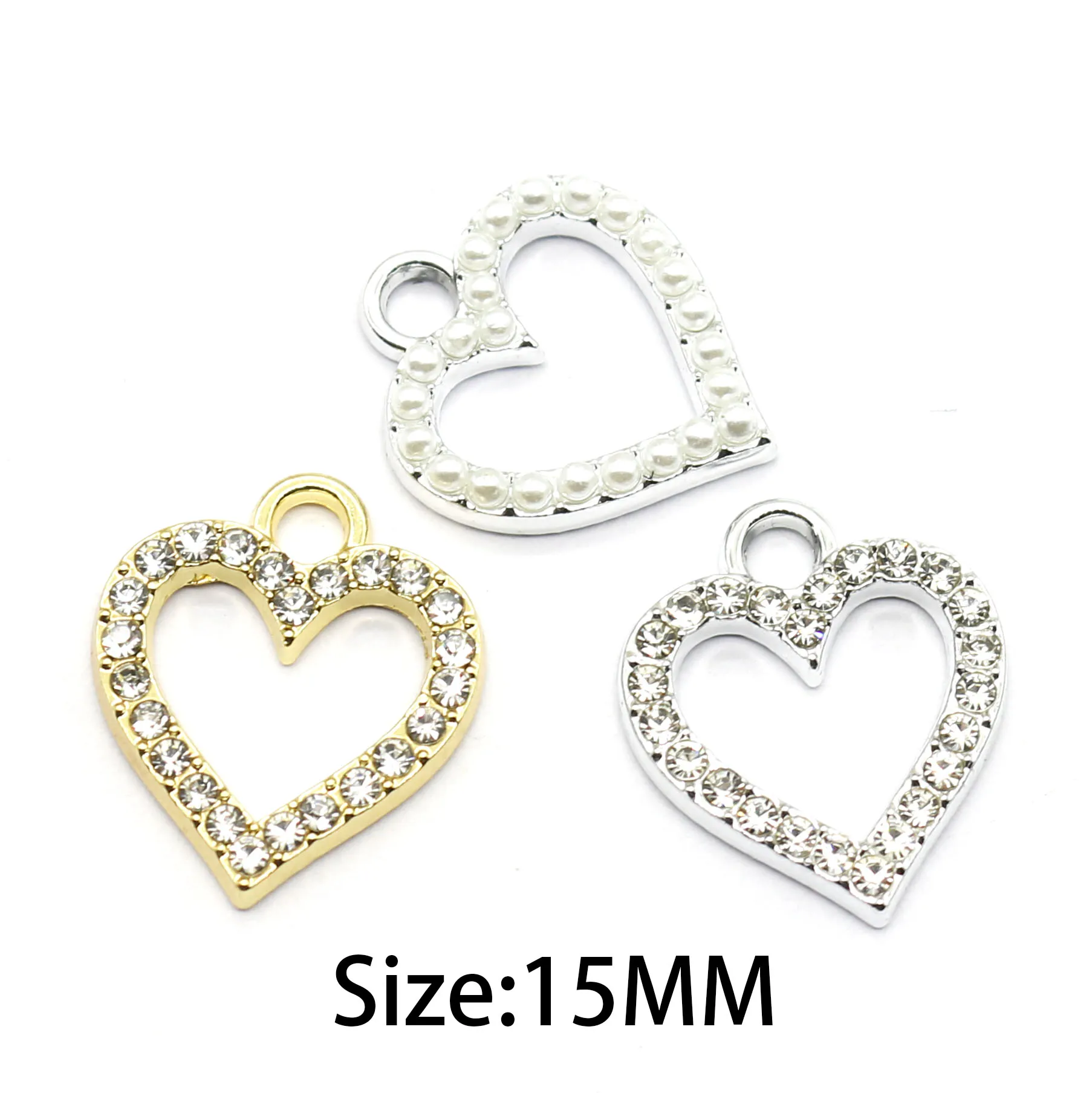 New 10/Piece 15MM Alloy Heart-Shaped Diamond Pearl Jewelry DIY Necklace Earrings Bracelet Pendant Bow Hair Clip Pendant