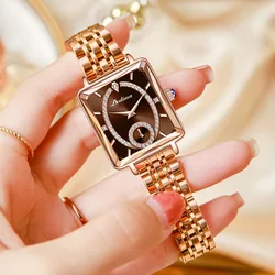 Reloj cuadrado de lujo con diamantes de oro rosa para mujer, relojes de pulsera de cuarzo impermeables de acero inoxidable para mujer