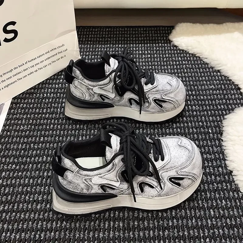Unique Design Women Dad Shoes 2025 Autumn New Distressed Finish Chunky Sole Casual Trendy Influencer Stylish Retro Shoes