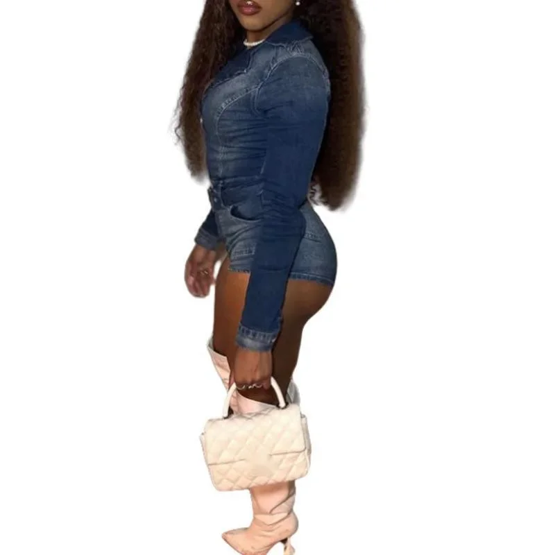 Denim Jumpsuit Women Eur America Spliced Zipper Blue Elastic Denim Strap Jumpsuit Mid Waist Shorts Long Sleeved Jeans Set New