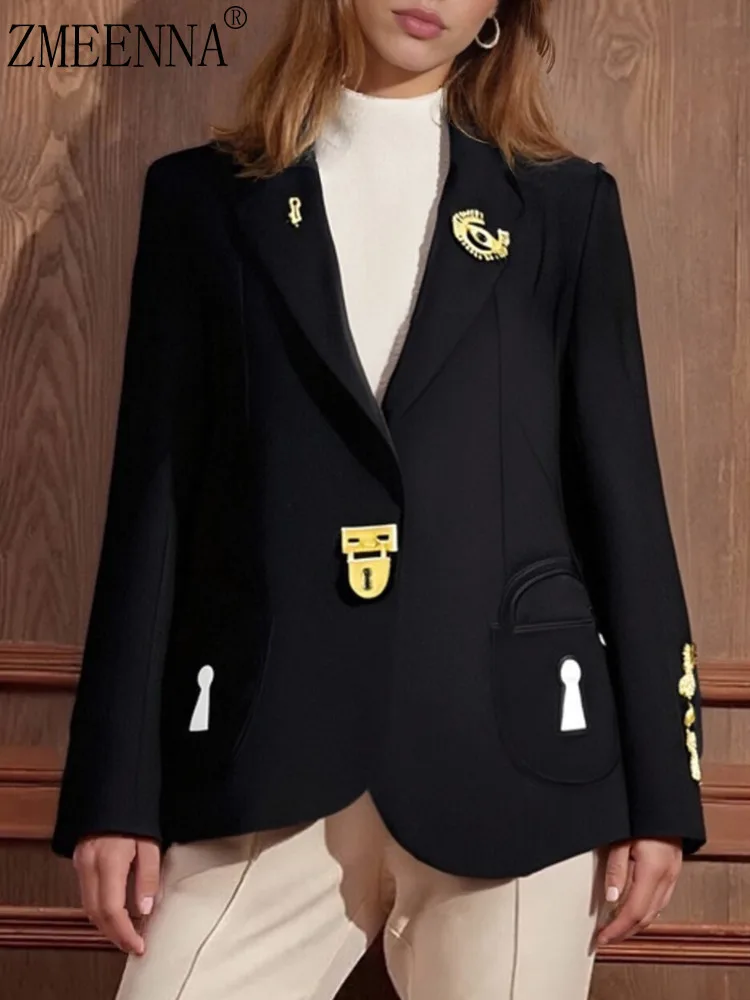 

ZMEENNA Элегантный черный пиджак для женщин с замком, ключевыми деталями и золотыми украшениями Стильная и уникальная верхняя одежда ZM4108