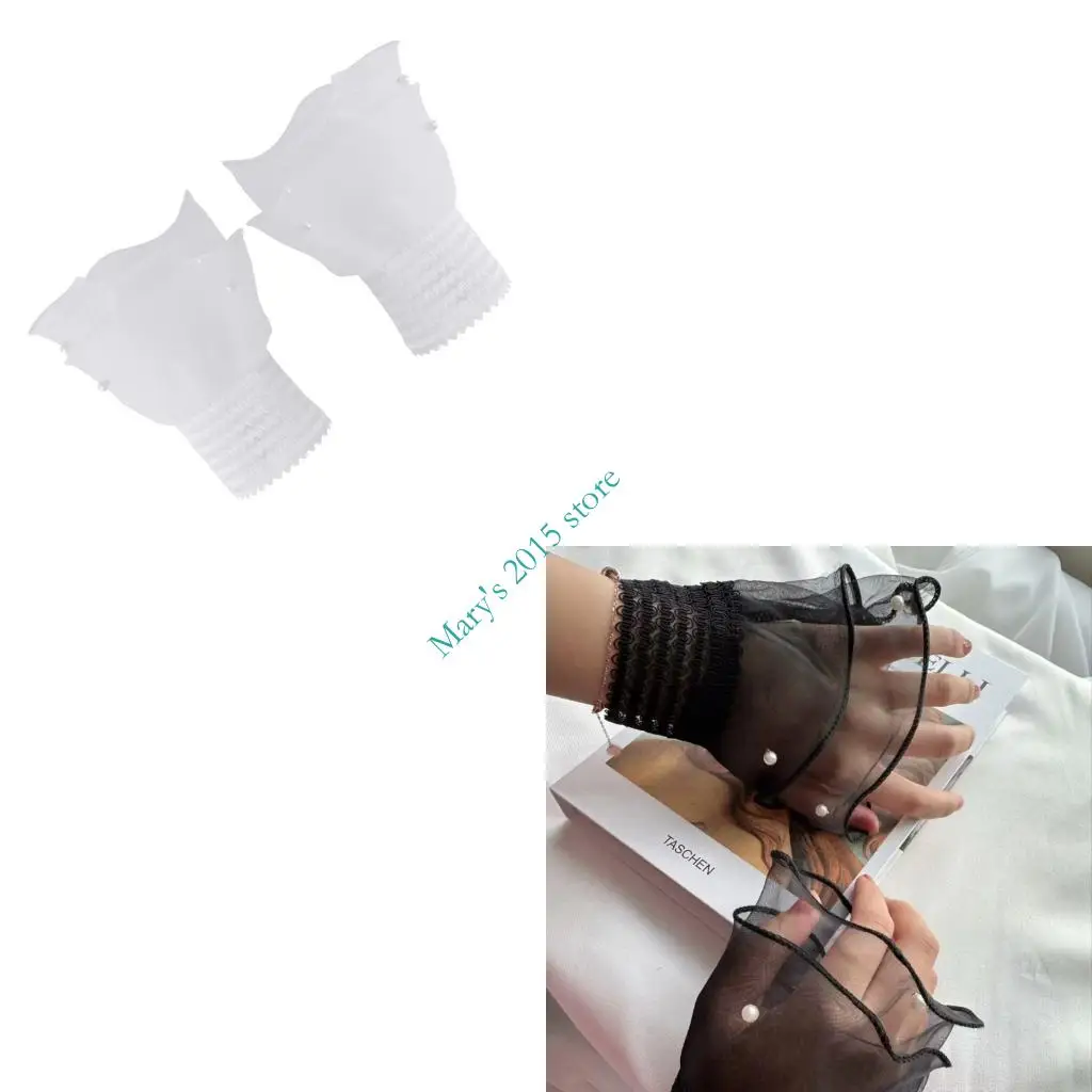 E15F Sarung Tangan Wanita Bergaya Mutiara Berlapis Jaring dengan Lengan Palsu Berumbai dan Manset Renda untuk Pesta Malam Aksesori Sarung Tangan