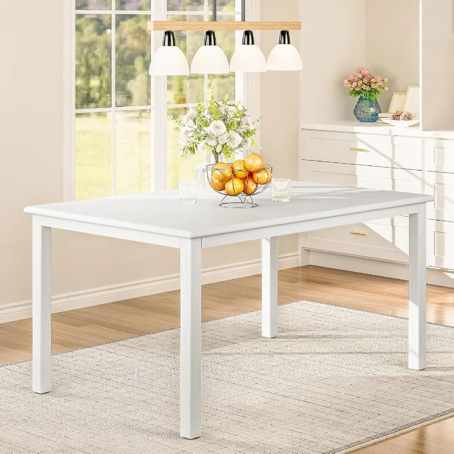 Wooden Dining Table for 6 Rectangle 60 Inch Kitchen Table with Wood Legs Farmhouse Dinner Table for Dining Room White
