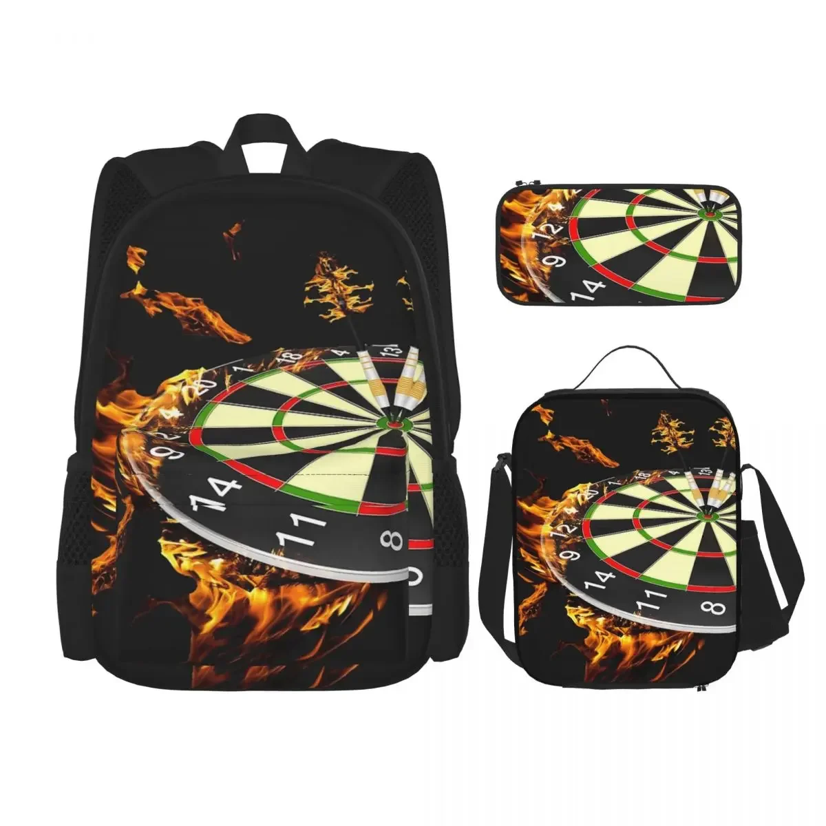 Flaming Dart Board Backpacks Boys Girls Bookbag Children School Bags Cartoon Kids Rucksack Lunch Bag Pen Bag Three-Piece Set