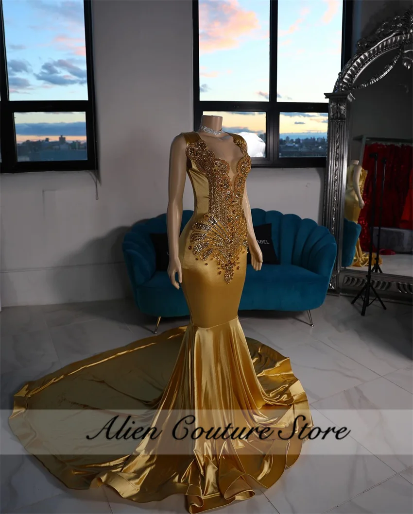 Luxury Gold Mermaid Evening Dress Bead Crystal Diamonds Elegant Birthday Party Dresses Woman 2024 Prom Gown Customized