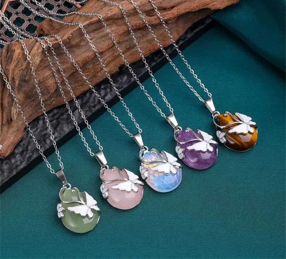 Natural stone pendant Wire Wrap Butterfly Gemstone Rose Quartz Amethyst Opalite Healing Crystal Pendant Necklace