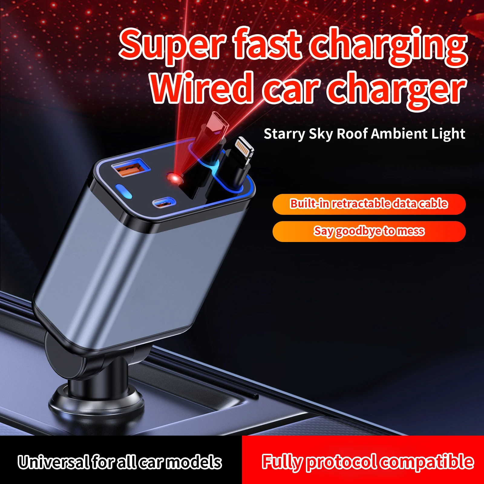 180° Rotatable Car Charger, 4‑Port with Starry‑Sky Atmosphere Projection Light, Built‑in Retractable Type‑C & Lightning Cables