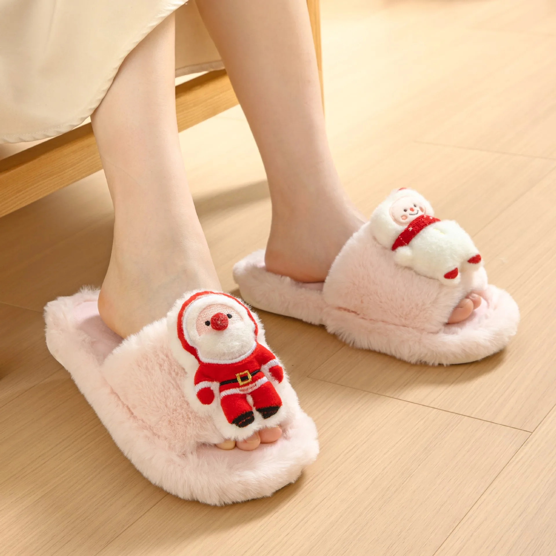 Winter Santa Claus Peep Toe Cotton Slippers Cute Home Indoor Plush Slippers Women Warm Plush Cotton Floor Slides Christmas gift