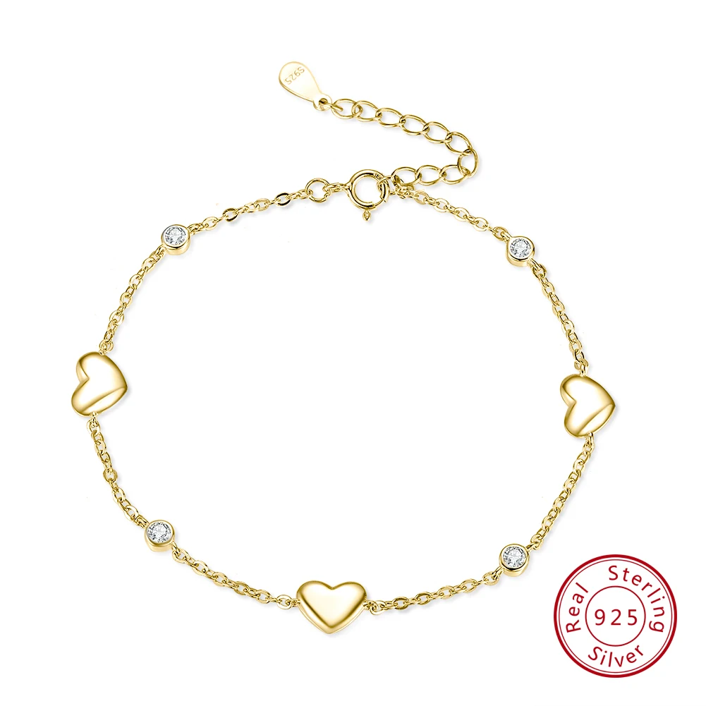 KISS MANDY Dainty Zircon Heart CZ Charm Chain Bracelet Soild 925 Sterling Silver for Women Bracelet Wedding Fine Jewelry SB02
