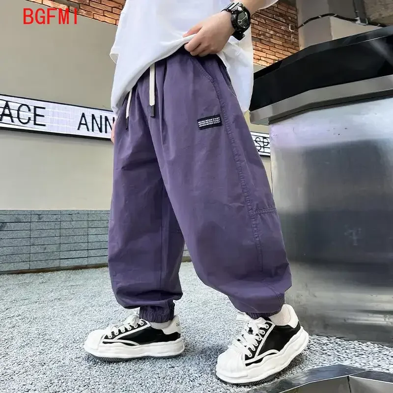 Childrens Purple Casual Trousers Korean Teens Fashion Boys Cargo Pants 2026 Summer New Thin Casual Pants Children Boy Clothes