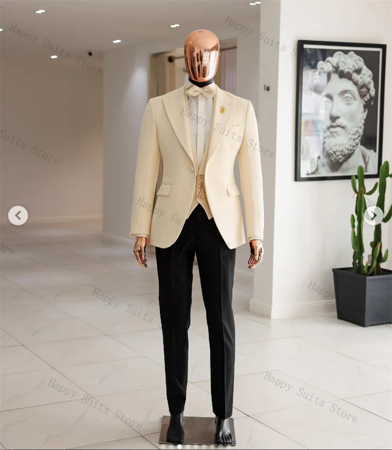 

Ivory Men Suit Set 3 Pieces Vest+Blazer+Black Pants Trousers Coat Wedding Tuxedo Formal Office Business Customized Jacket