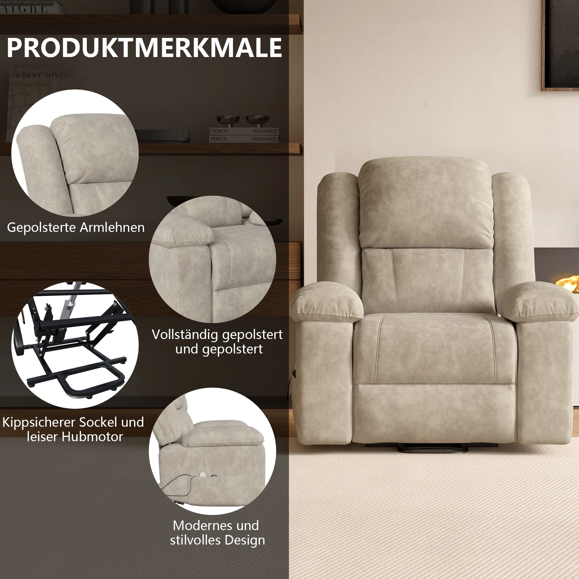 Electric Recliner, 8 Motor, 5 Massage Modes, Heat Function, Chaise Lounge with Rising Aid, Side Pocket and Remote Control