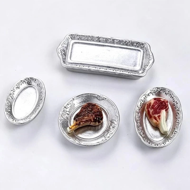 10Pcs Mini Simulated Steak Model Set Vintage Silver Tone Serving Trays Dollhouse Kitchen Decor For Diorama Handmade Craft Projec