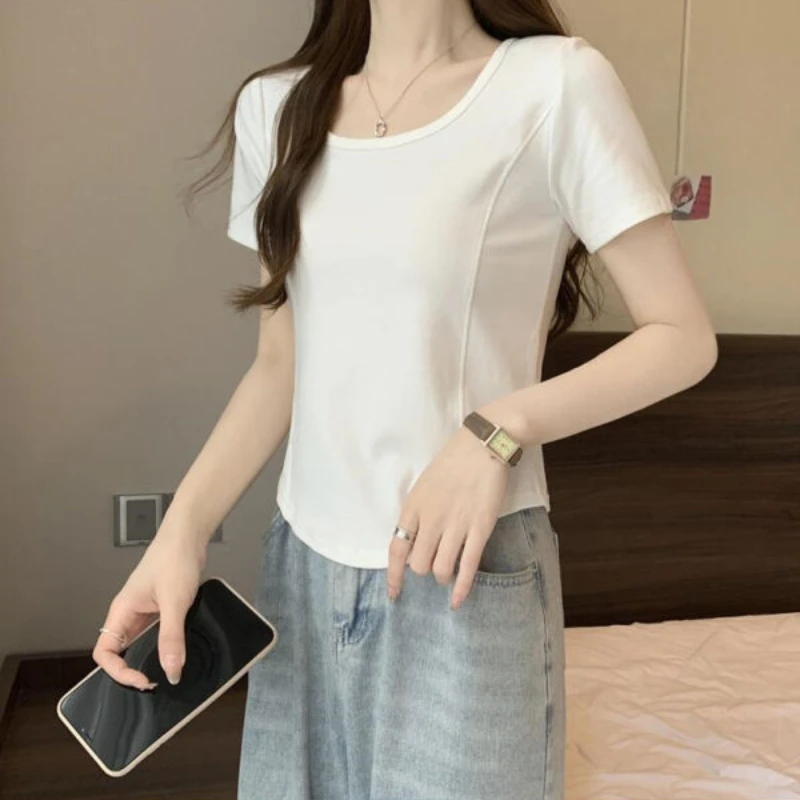 تي شيرت حريمي ضيق يناسب الجميع موضة الصيف بسيطة هاراجوكو شارع العليا الكورية نمط كل مباراة ملابس ناعمة الصلبة Mujer Moda