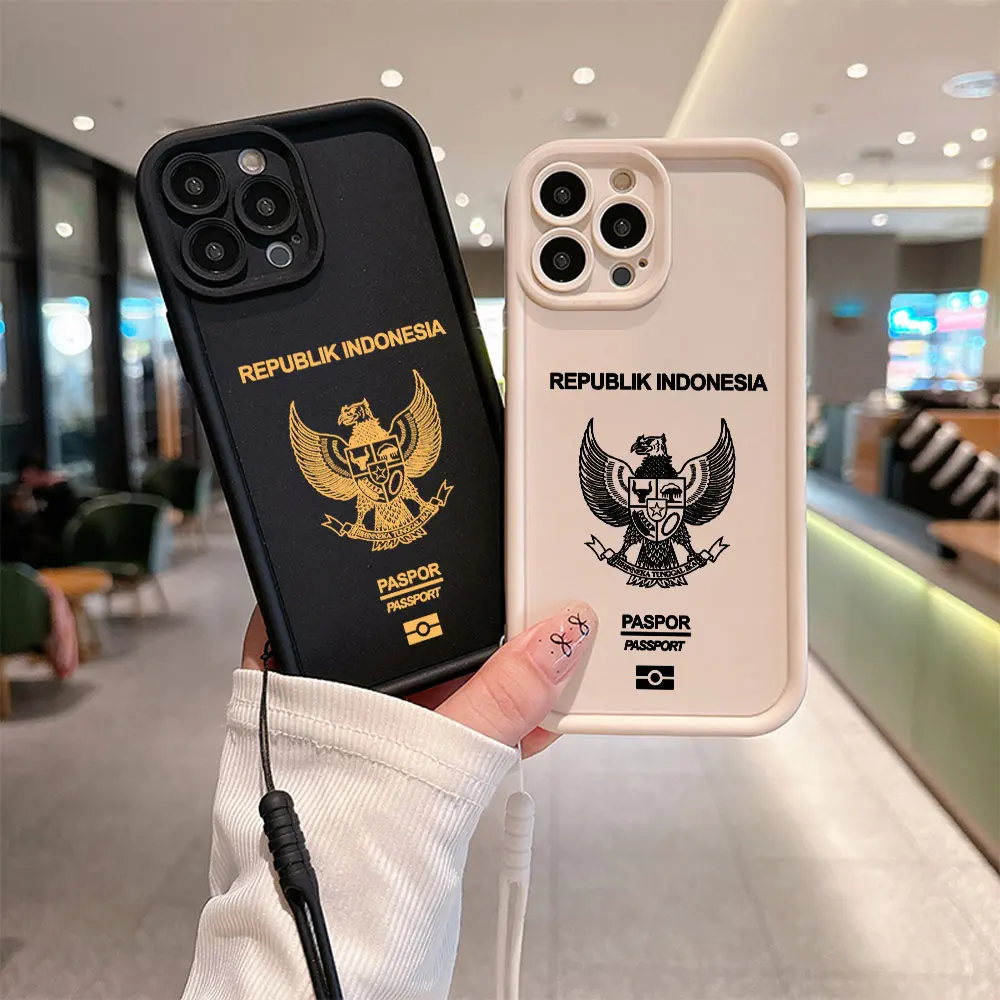 Custodia per telefono passaporto Indonesia per IPhone 16 15 14 13 12 11 Pro Max Mini XR XS X 7 8 Plus Cover posteriore morbida in TPU con cinturino a mano