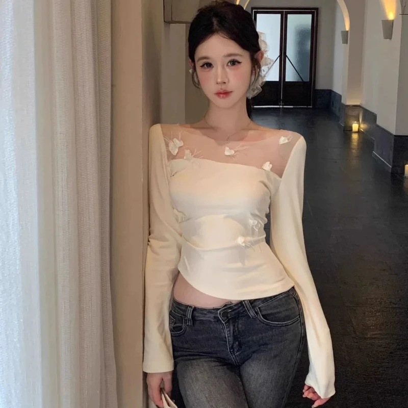 T-shirt da donna a maniche lunghe in rete con collo quadrato Pure Desire Camicia con base in velluto tedesco con top peloso e monospalla