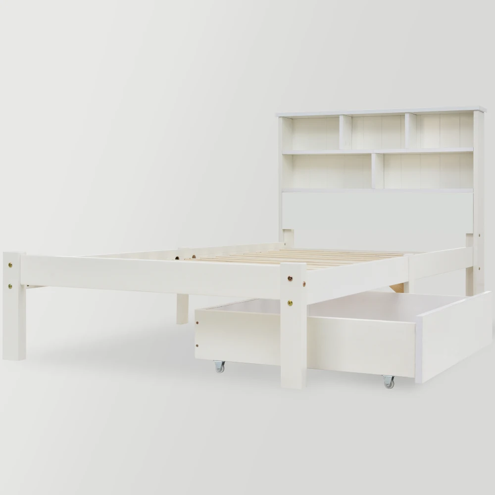 PINGGO Einzelbett aus Massivholz, 90 x 200 cm, weiß, mit Schubladen, Gitter-Bücherregal für Kinder, Jugendliche, Erwachsene, ohne Matratze – Detail 7
