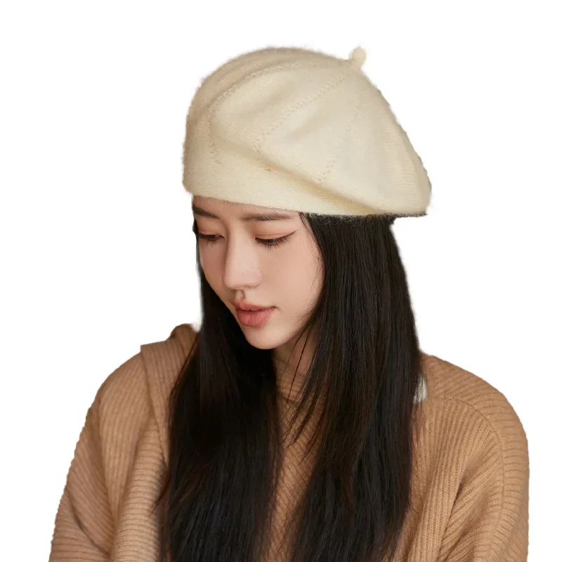 Korean Toddler Princess Solid Painter Caps Autumn Winter Beret Hat for Women Warm Knitted Beanie Cap Girls Rabbit Hair Berets