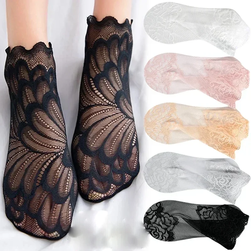 

Женские кружевные носки до щиколотки с цветочным принтом, нескользящая невидимая подкладка, прозрачные короткие носки из дышащей сетки с эластичным комфортом для моды