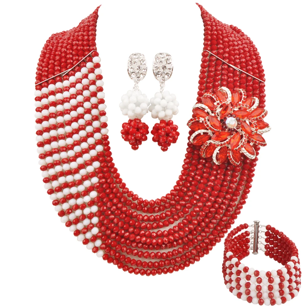 Laanc Opaque Red and White Nigerian Bride Wedding Jewelry Necklace African Beads Jewelry Set